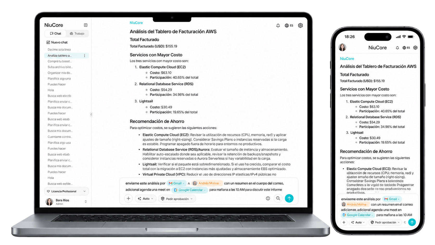 NiuCore en un portátil y en un móvil: el análisis de un tablero de facturación y un mensaje que cita Gmail, a un integrante del equipo y Google Calendar para enviar el resumen y agendar una reunión.