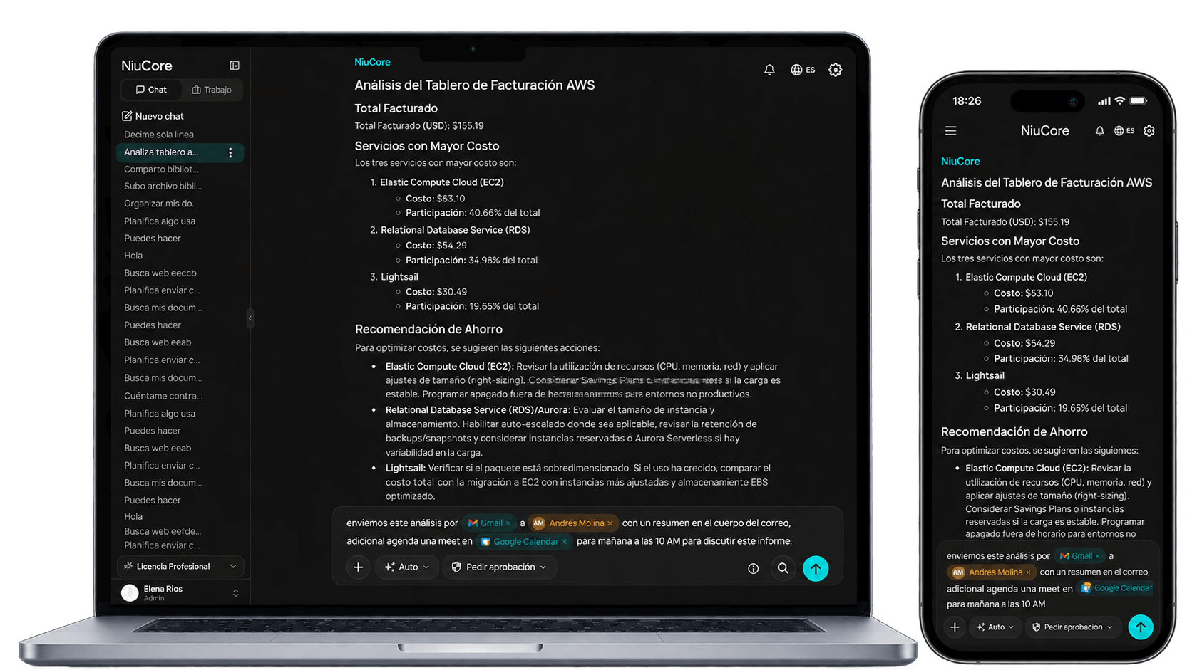 NiuCore en un portátil y en un móvil: el análisis de un tablero de facturación y un mensaje que cita Gmail, a un integrante del equipo y Google Calendar para enviar el resumen y agendar una reunión.